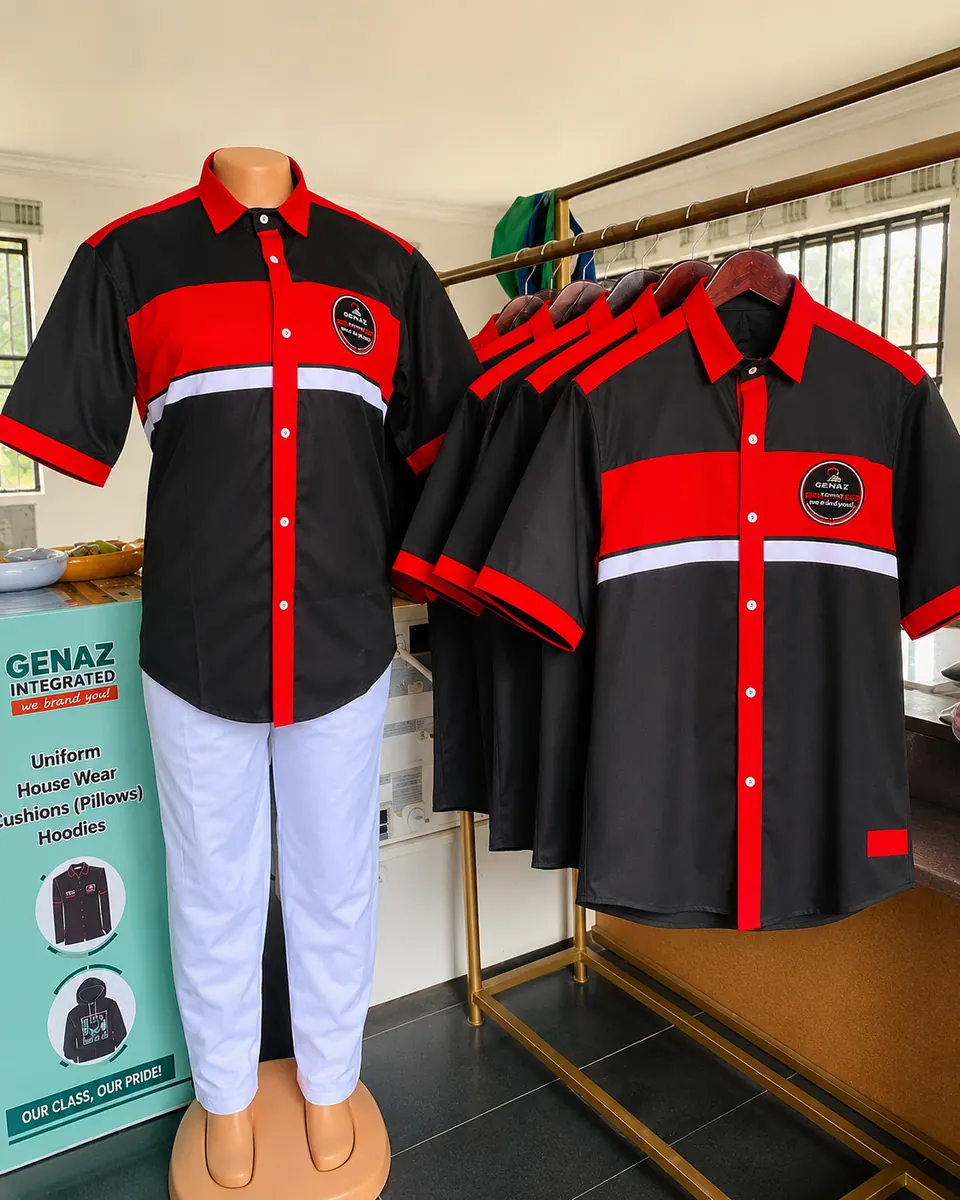 Navy and cream institutional uniform displayed by GENAZ